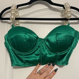 Fashion Nova Emerald Satin Bustier with Pearl Straps Small